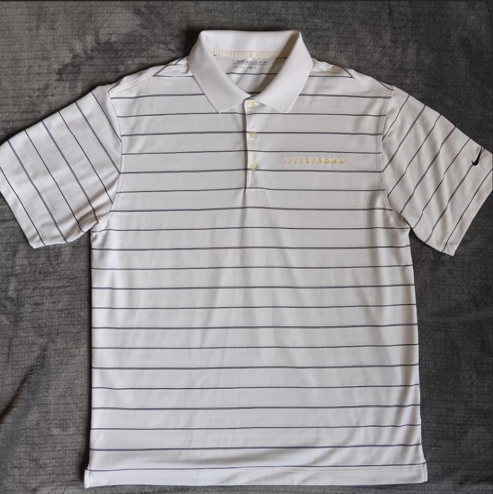 Nike Golf Dri Fit White Striped Short Sleeve Polo Shirt Henley Collar, Medium